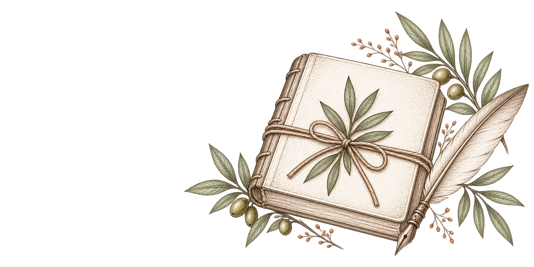 Cuaderno de recetas con ramas de olivo y una pluma