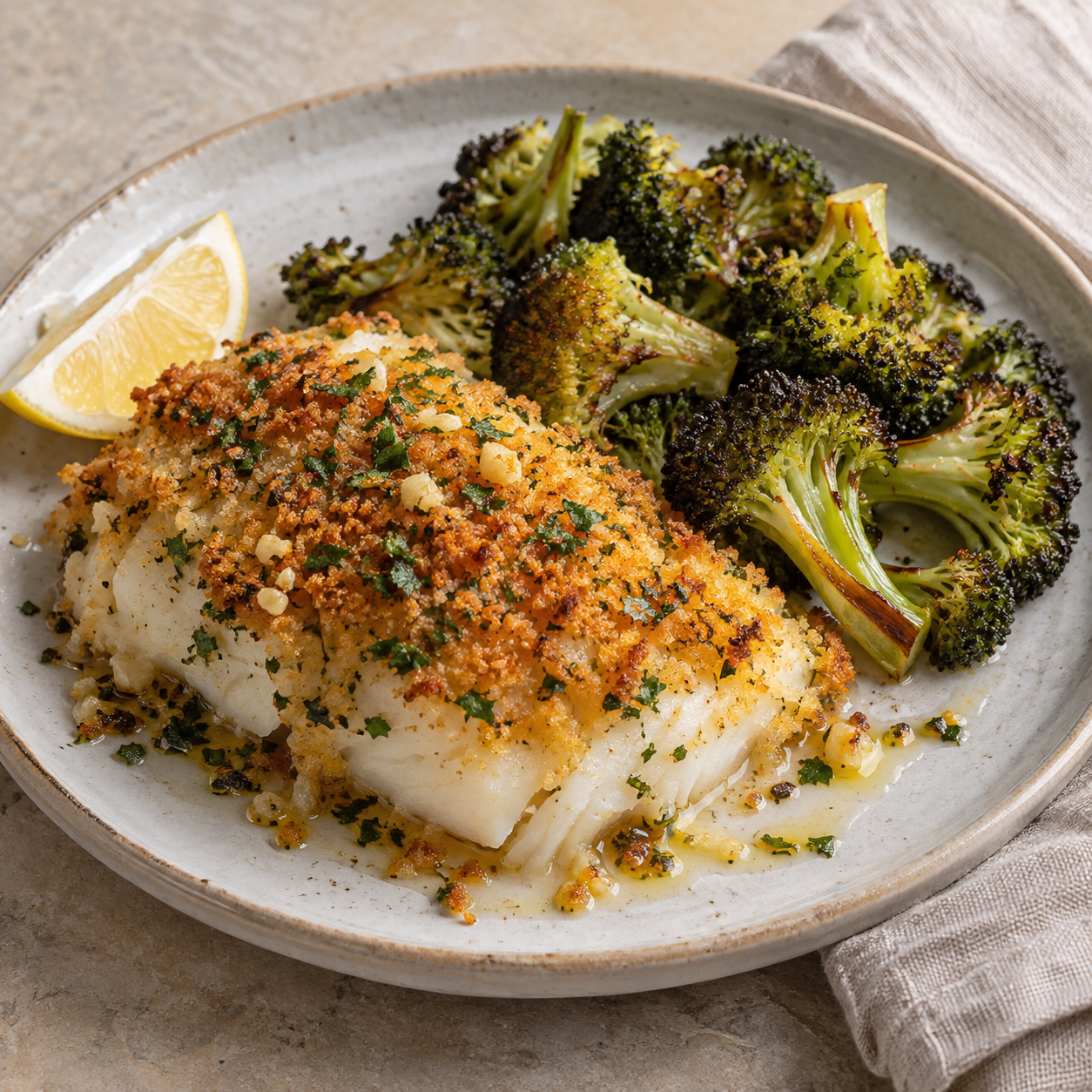 Bacalao con costra de pan, ajo y perejil; brócoli al horno