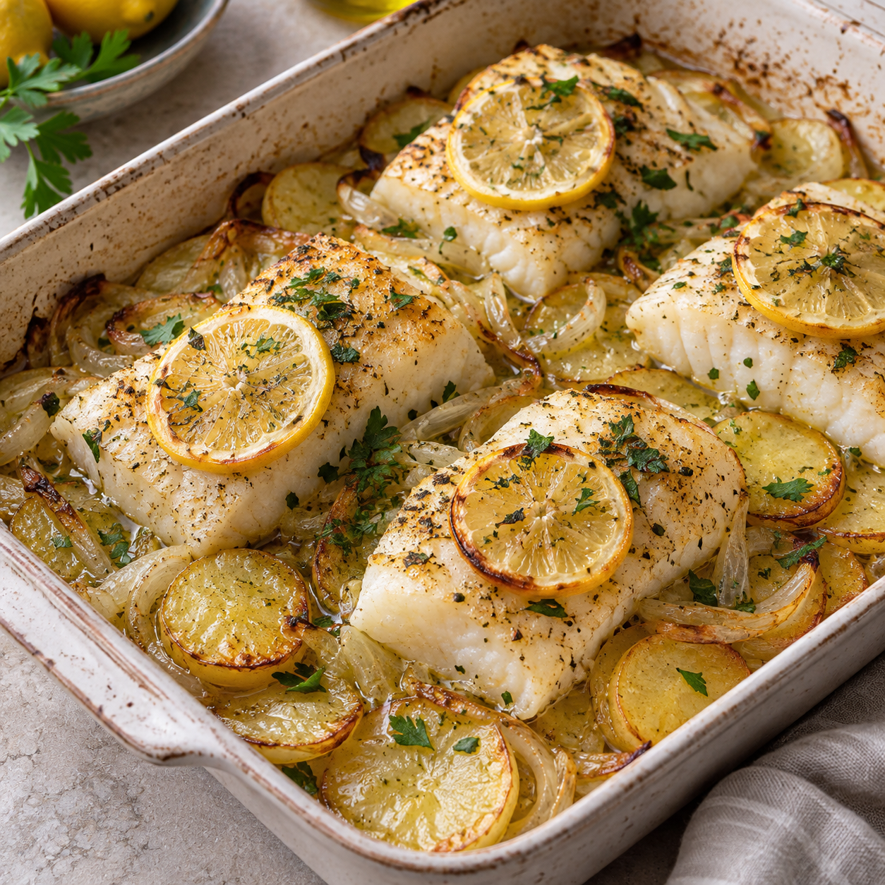 Bacalao al horno con limón, patata y cebolla