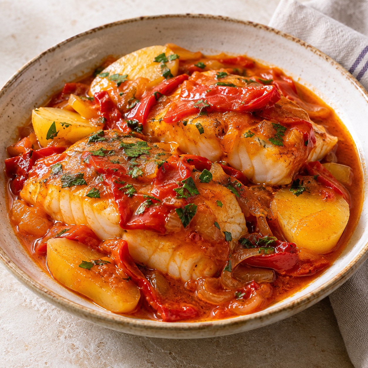 Bacalao en salsa de pimientos asados con patata