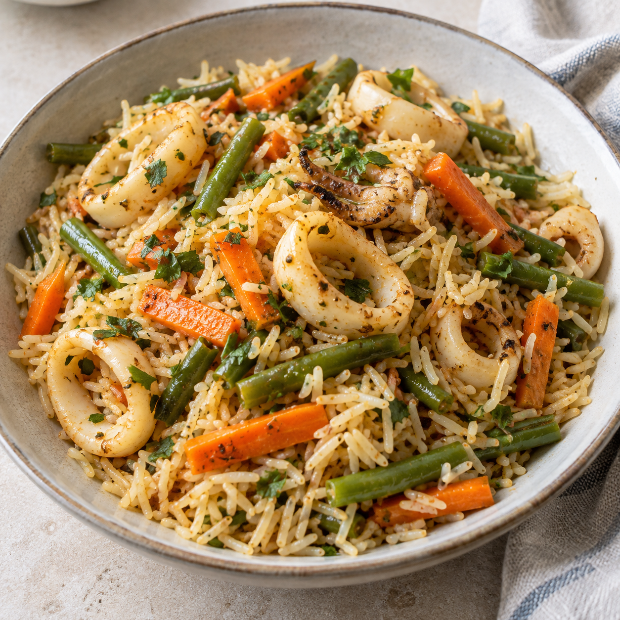 Basmati salteado con calamares, zanahoria y judías verdes