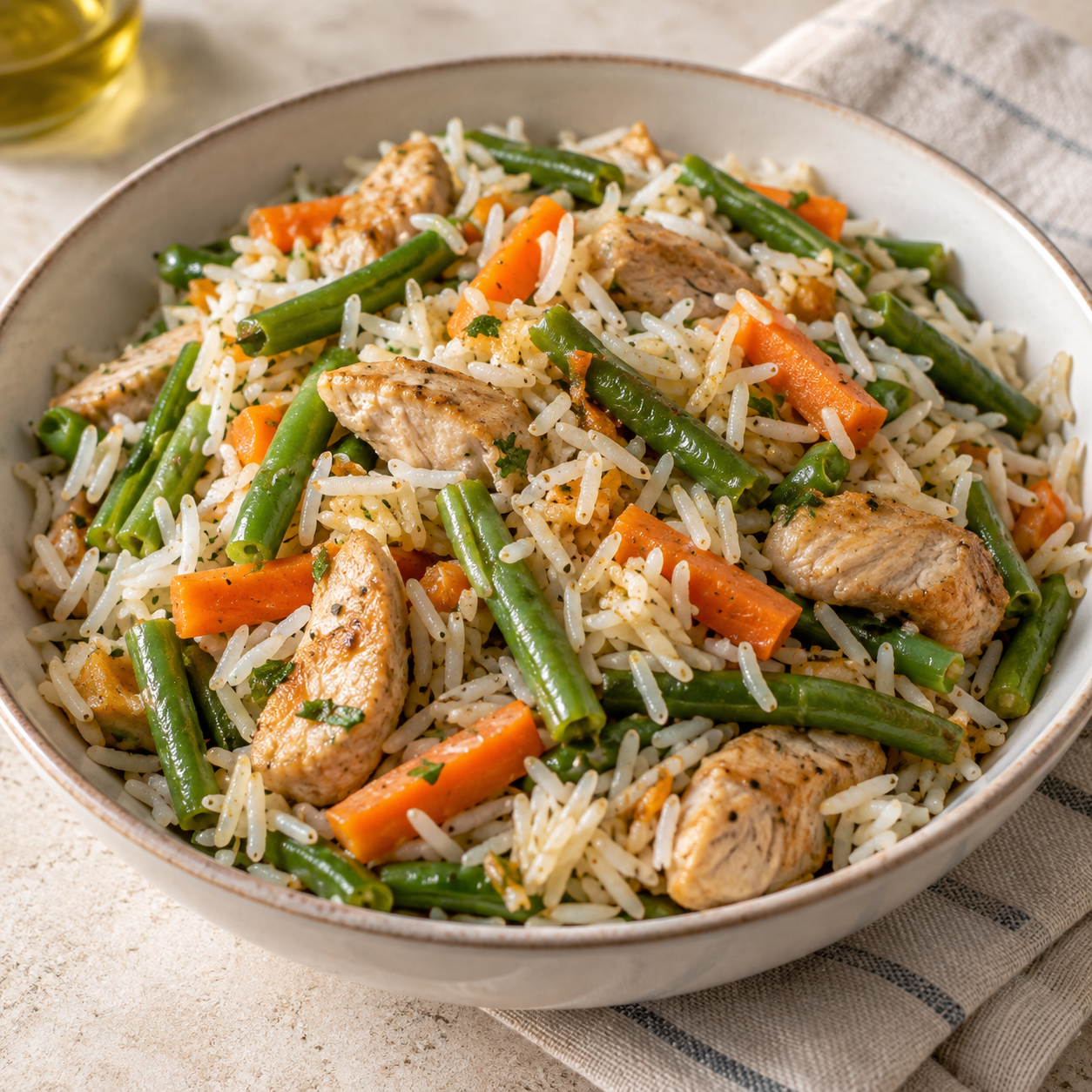 Basmati salteado con pavo, judías verdes y zanahoria