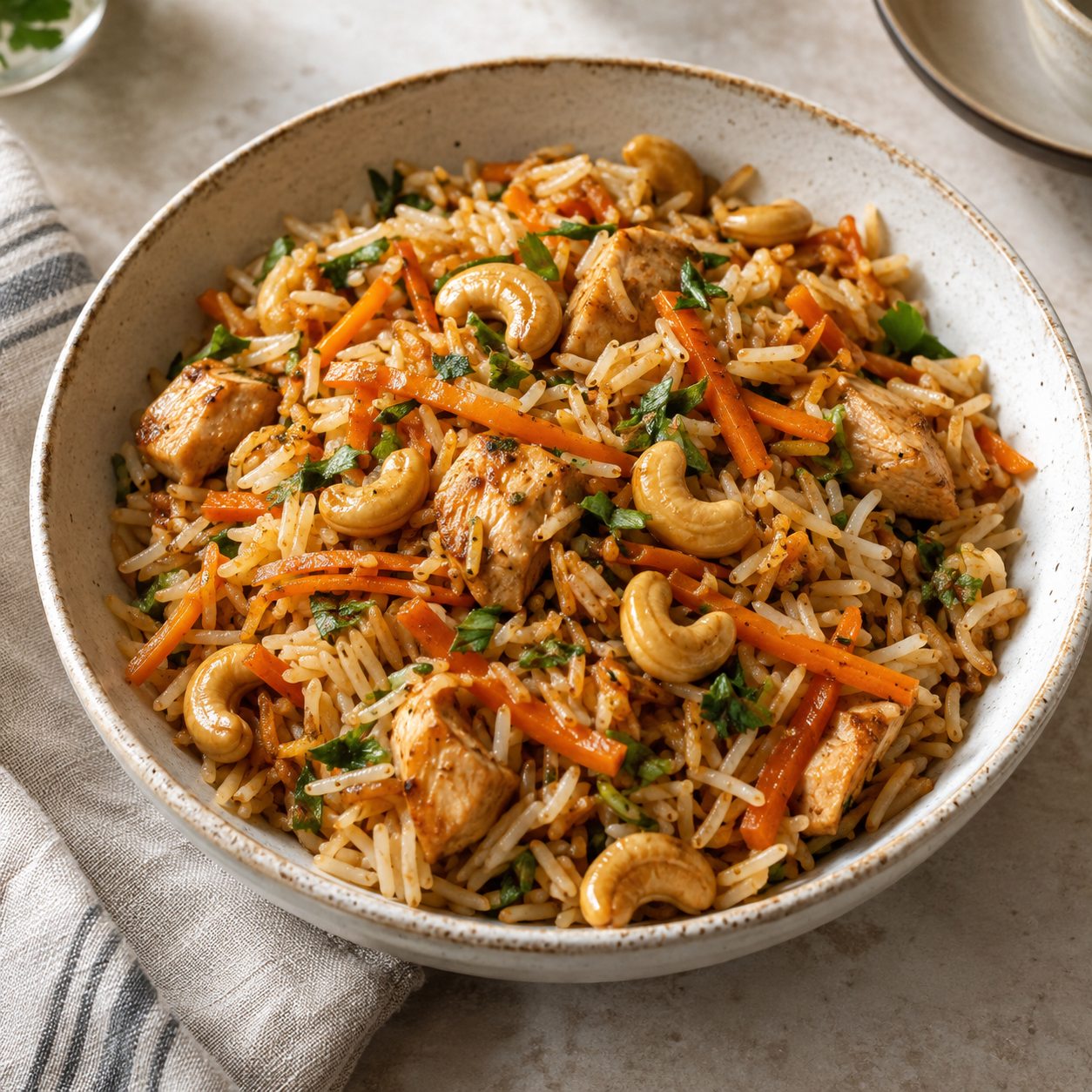 Basmati con pollo, zanahoria y anacardos al toque de soja