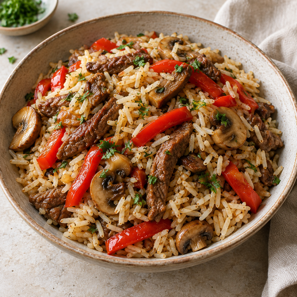 Basmati salteado con ternera, pimiento y champiñones