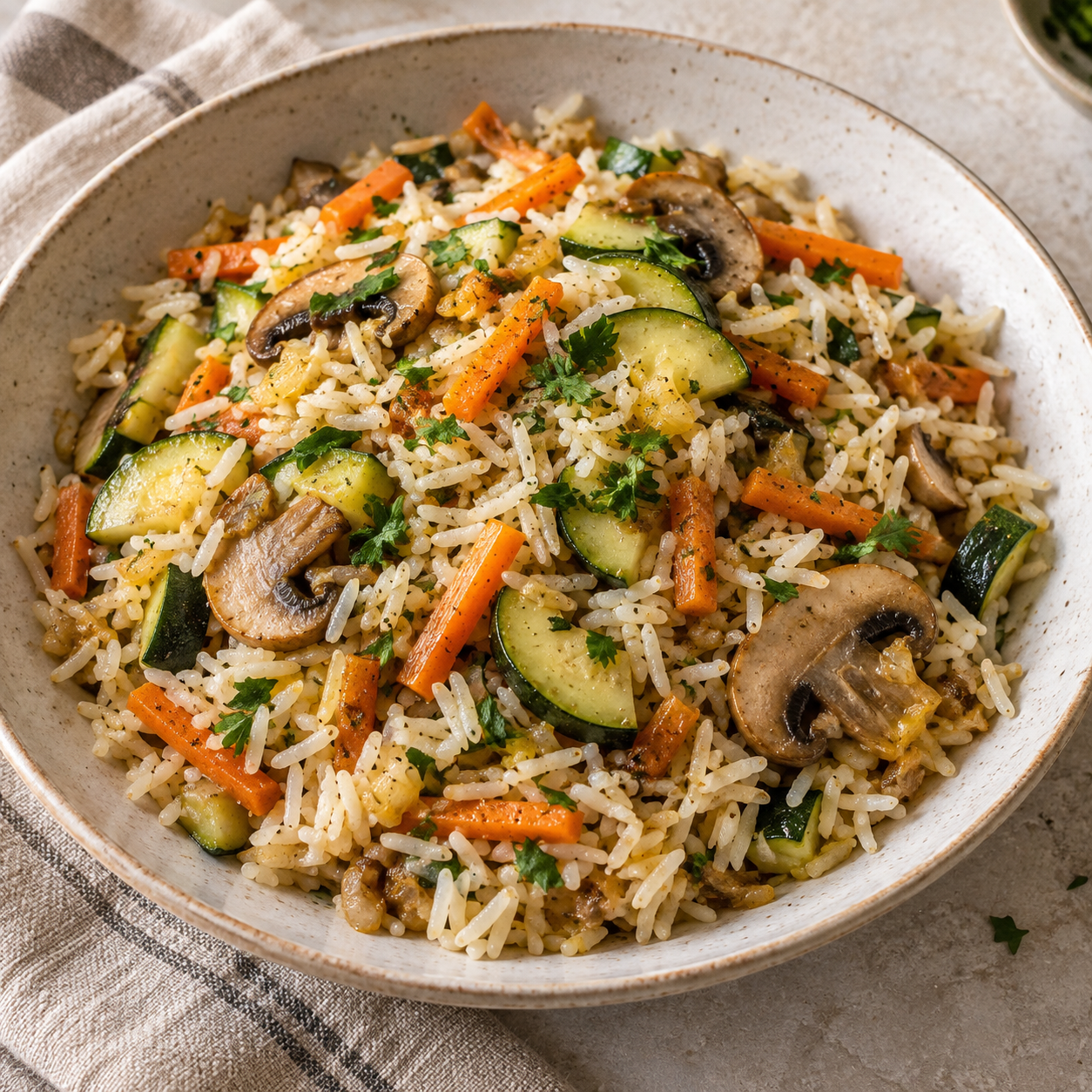 Basmati salteado con calabacín, champiñones y zanahoria
