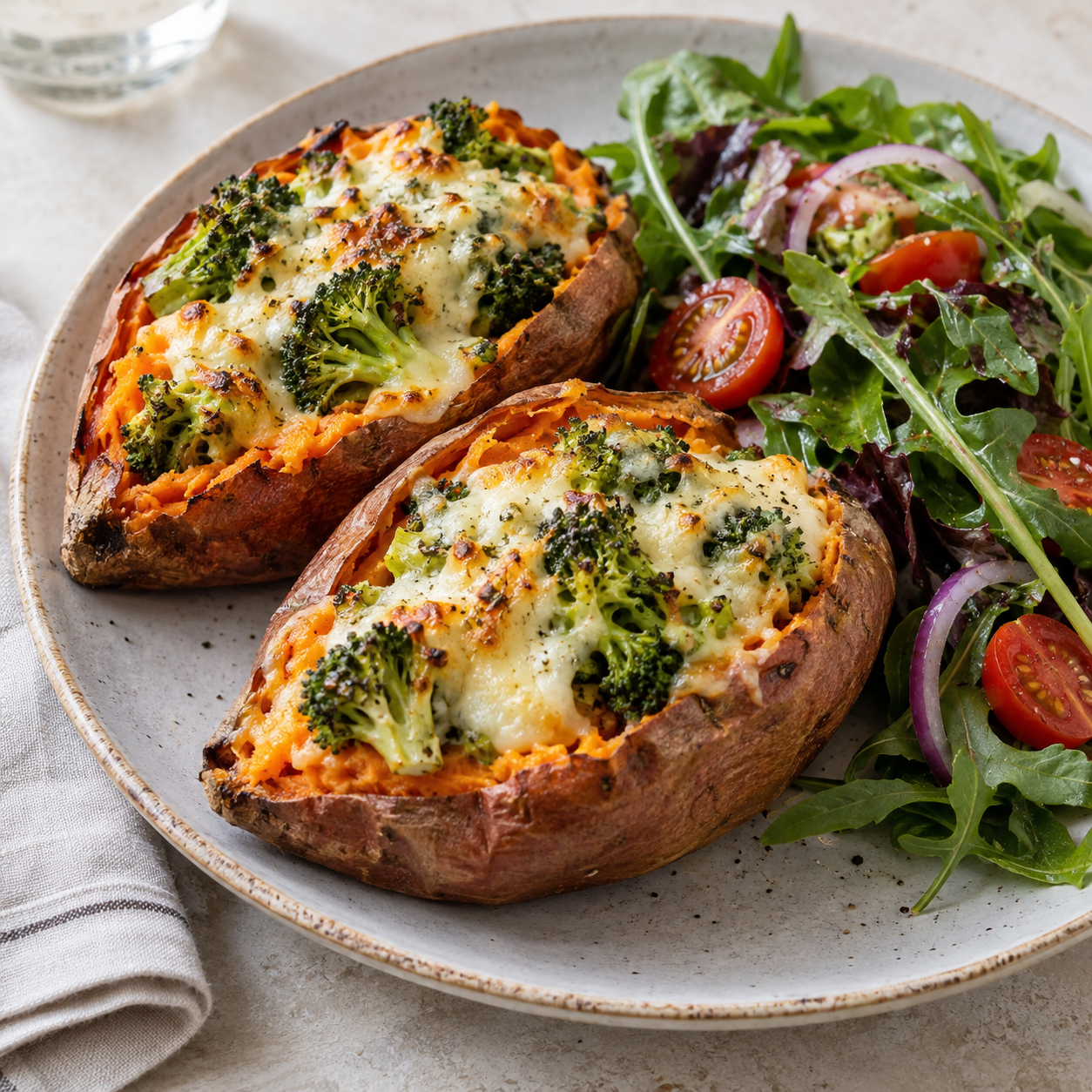 Boniatos asados rellenos de brócoli y queso con ensalada