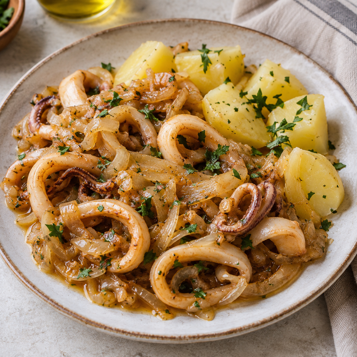Calamares encebollados con patata cocida