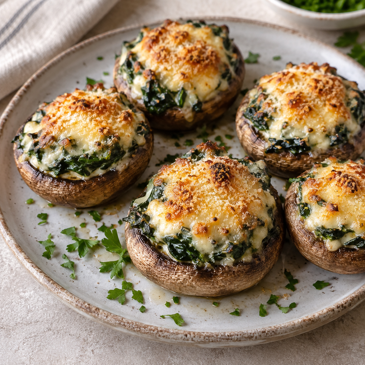 Champiñones rellenos de espinacas y bechamel gratinados
