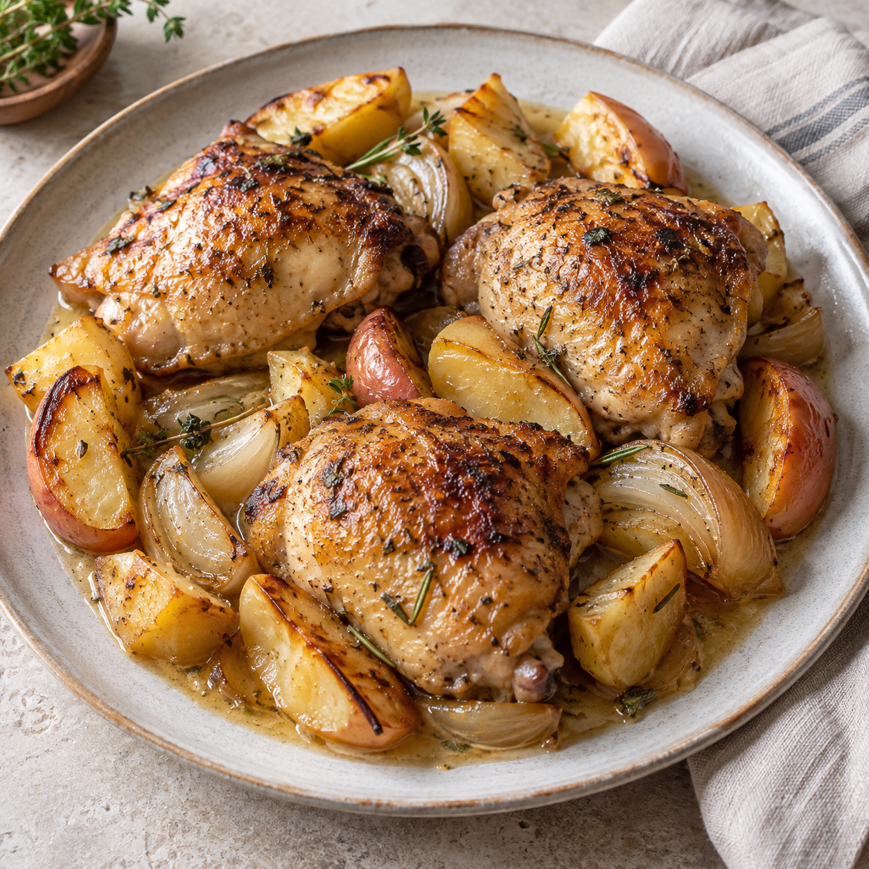 Contramuslos de pollo asados con manzana, cebolla y patata