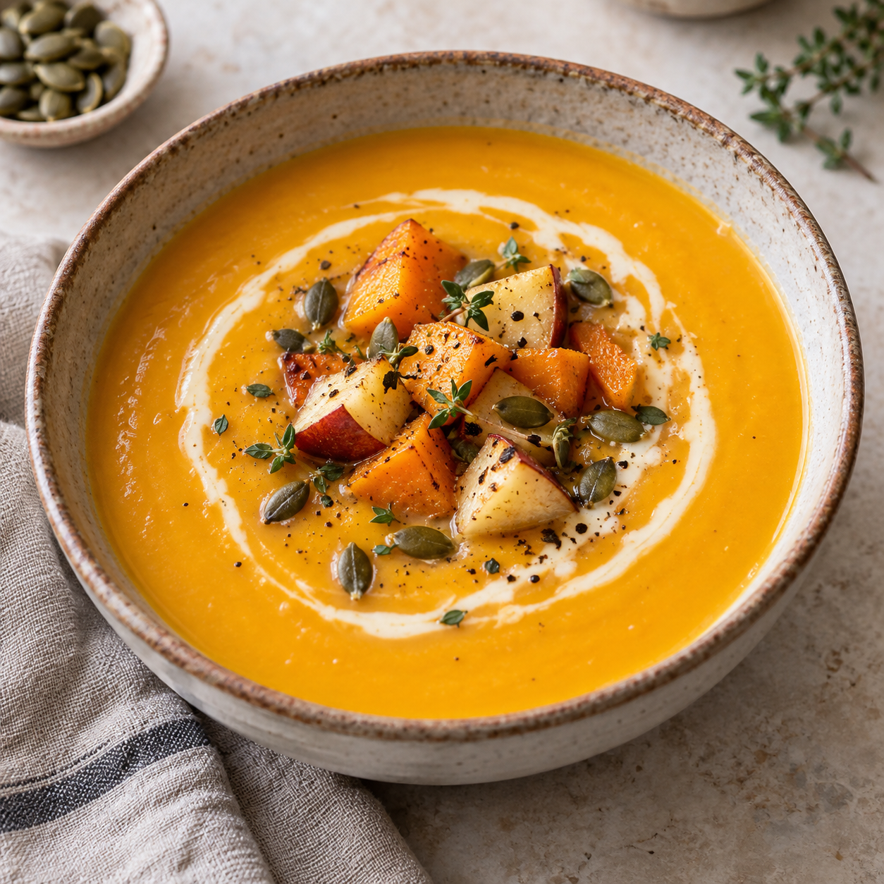 Crema de calabaza asada y manzana