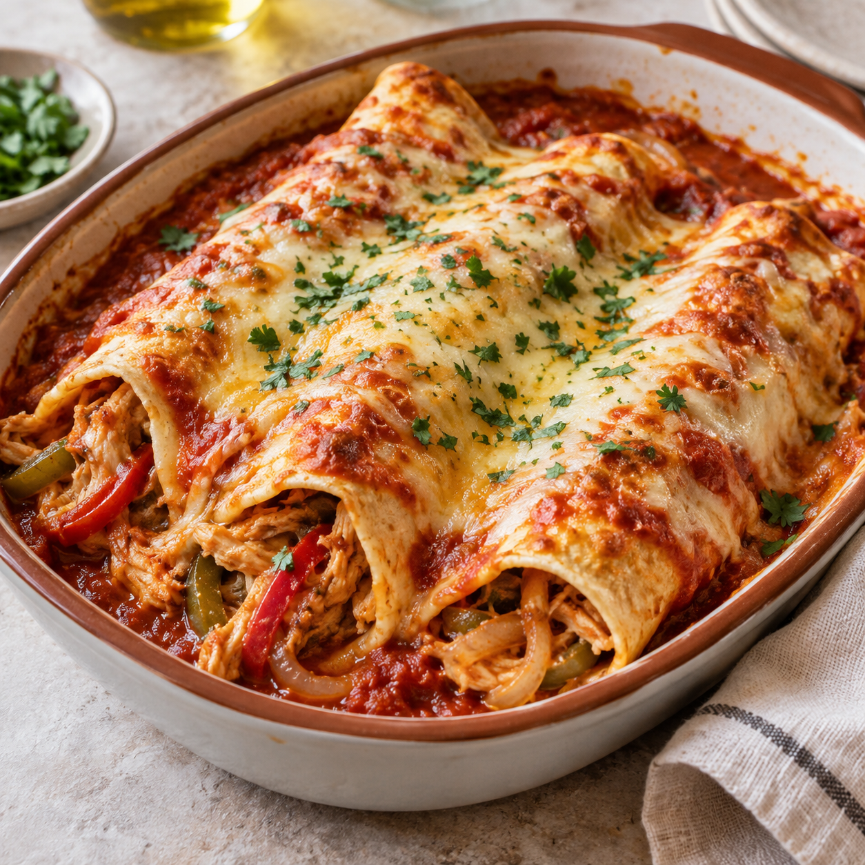 Enchiladas suaves de pollo, pimiento y cebolla con tomate y queso