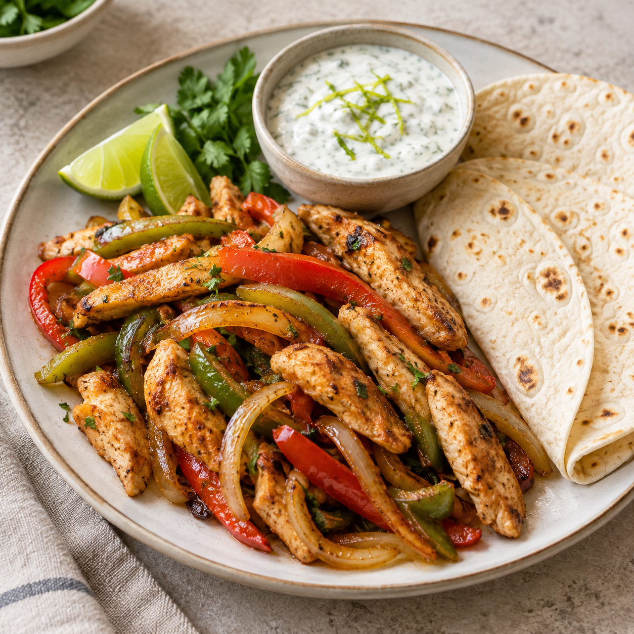 Fajitas de pollo con pimiento y cebolla, salsa de yogur y lima