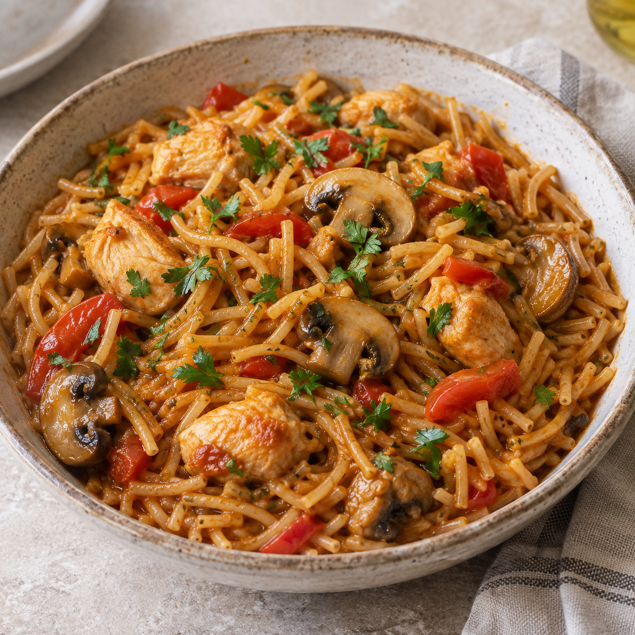 Fideos a la cazuela con pollo, champiñones y pimiento
