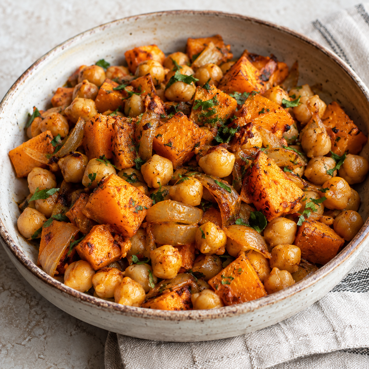 Garbanzos salteados con calabaza, cebolla y pimentón