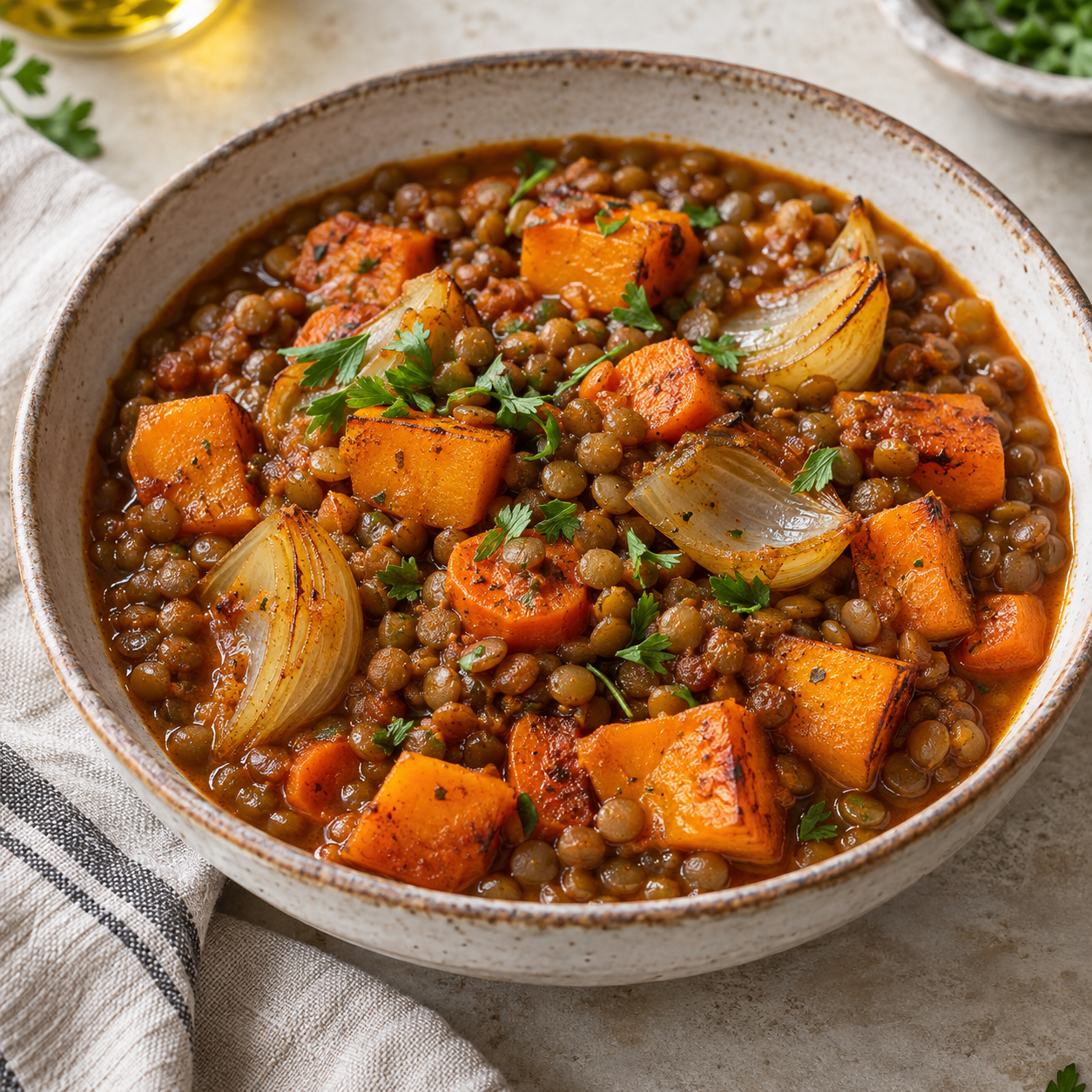Lentejas con calabaza, zanahoria y cebolla asadas al pimentón