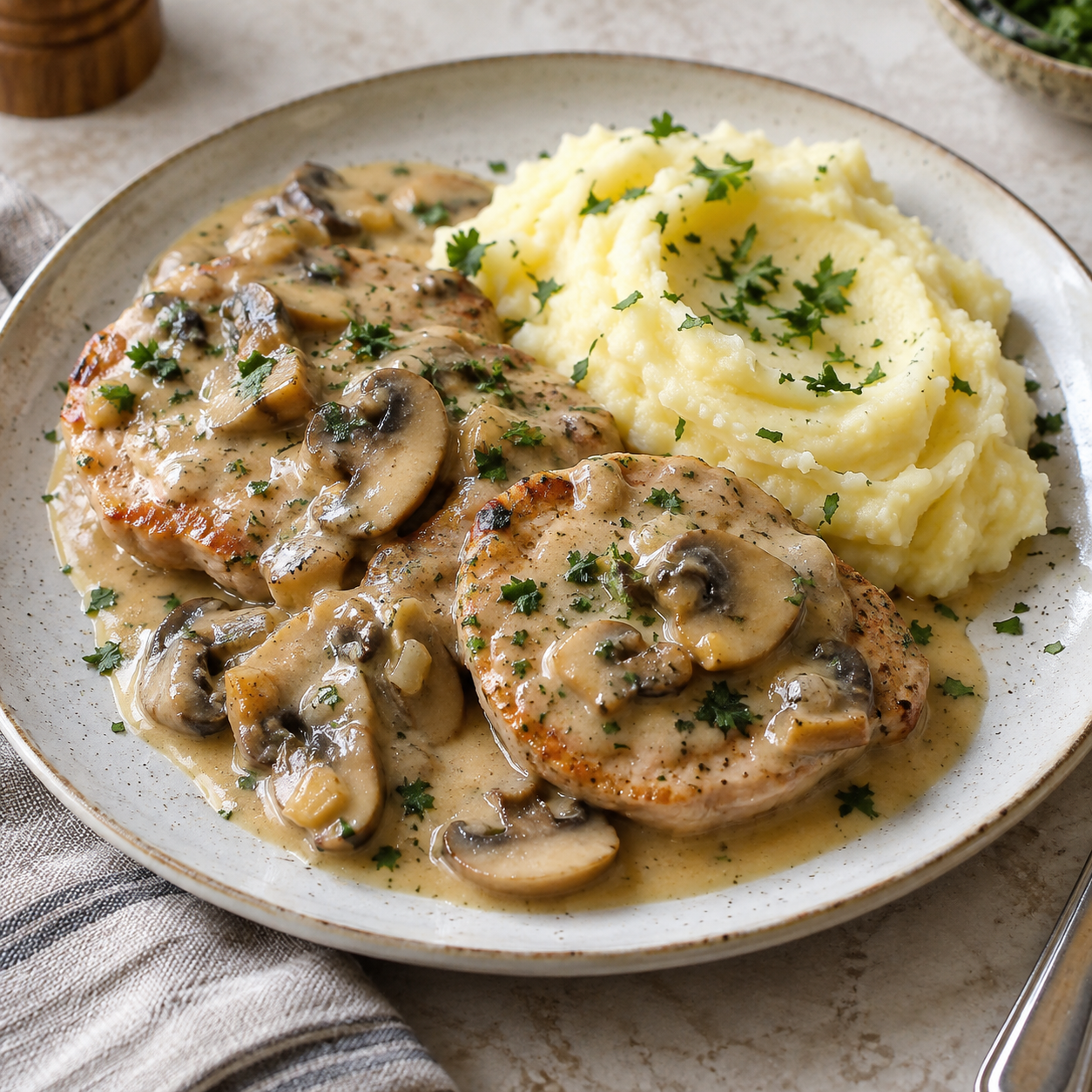 Lomo en salsa de champiñones con puré de patata