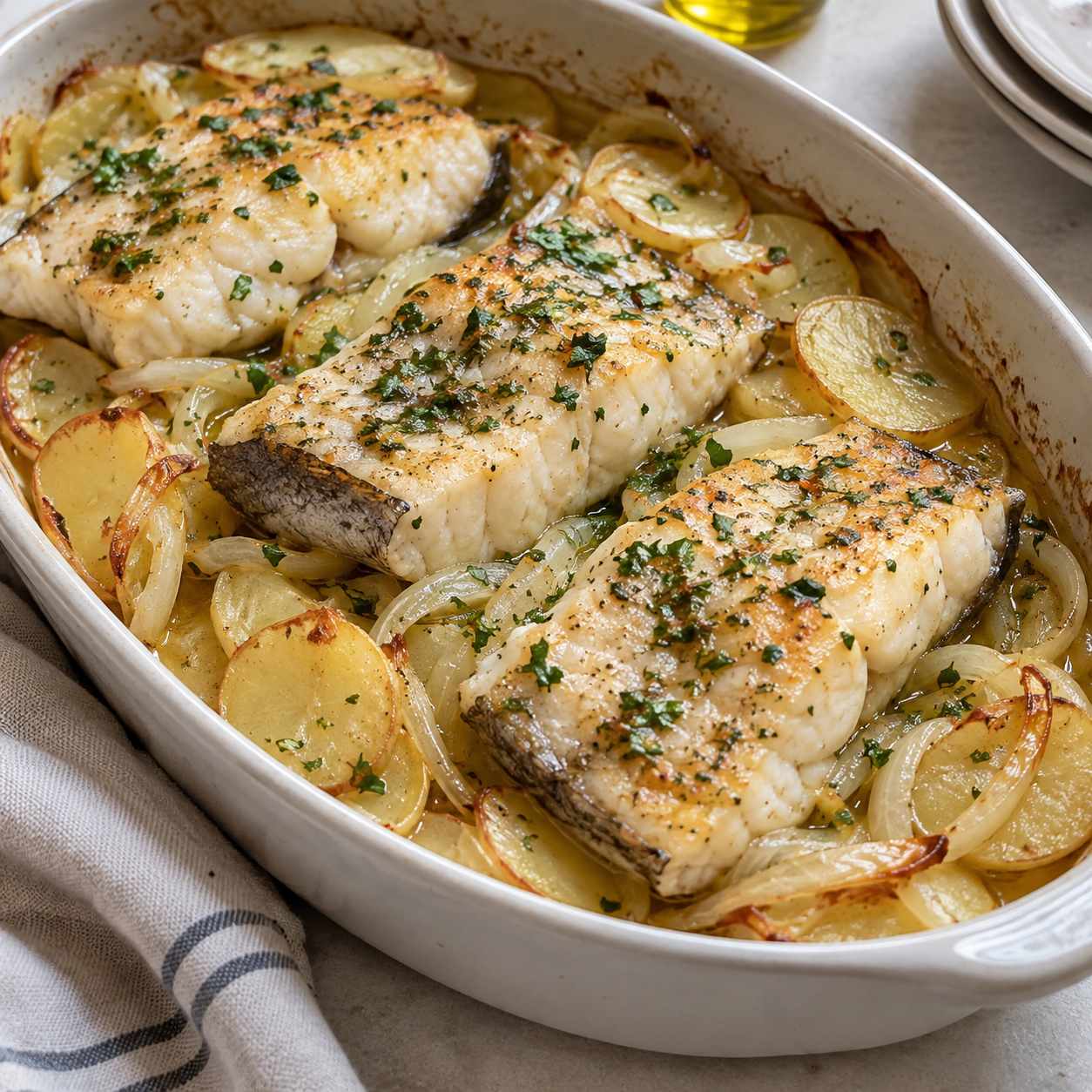 Merluza al horno con patata y cebolla