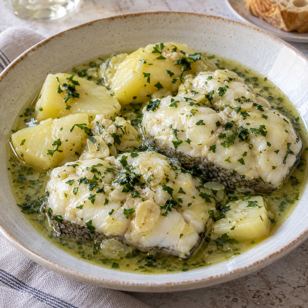 Merluza en salsa verde con patata cocida