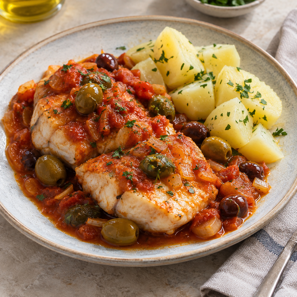 Merluza con tomate y aceitunas; patata al vapor