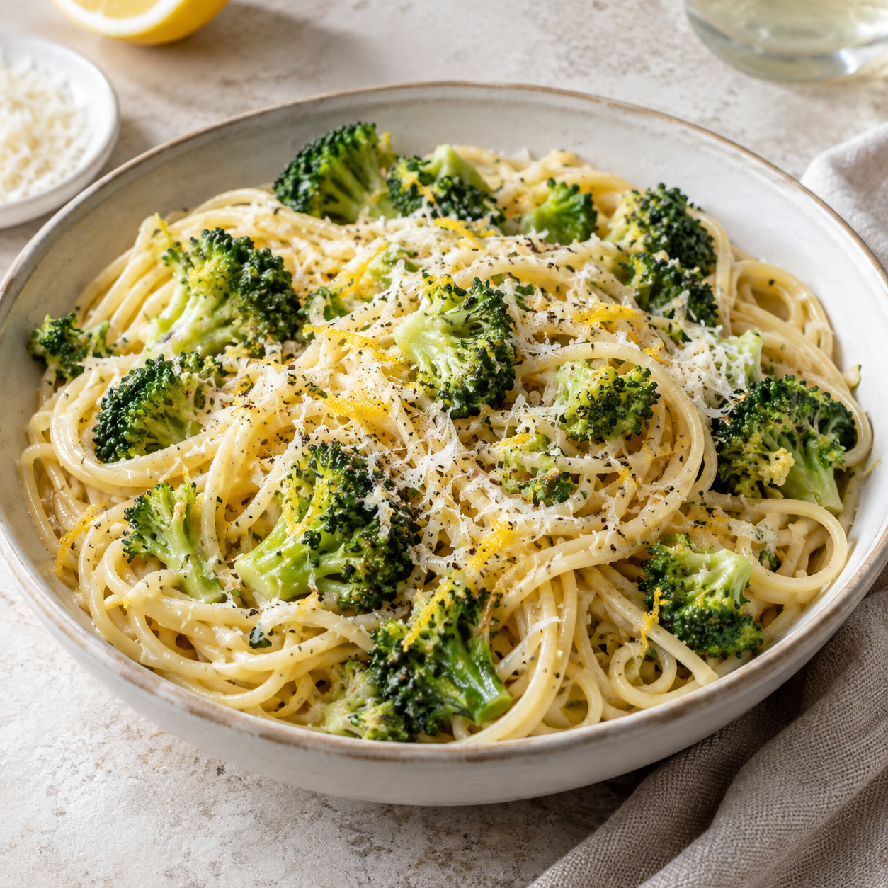 Pasta con brócoli, limón y queso rallado