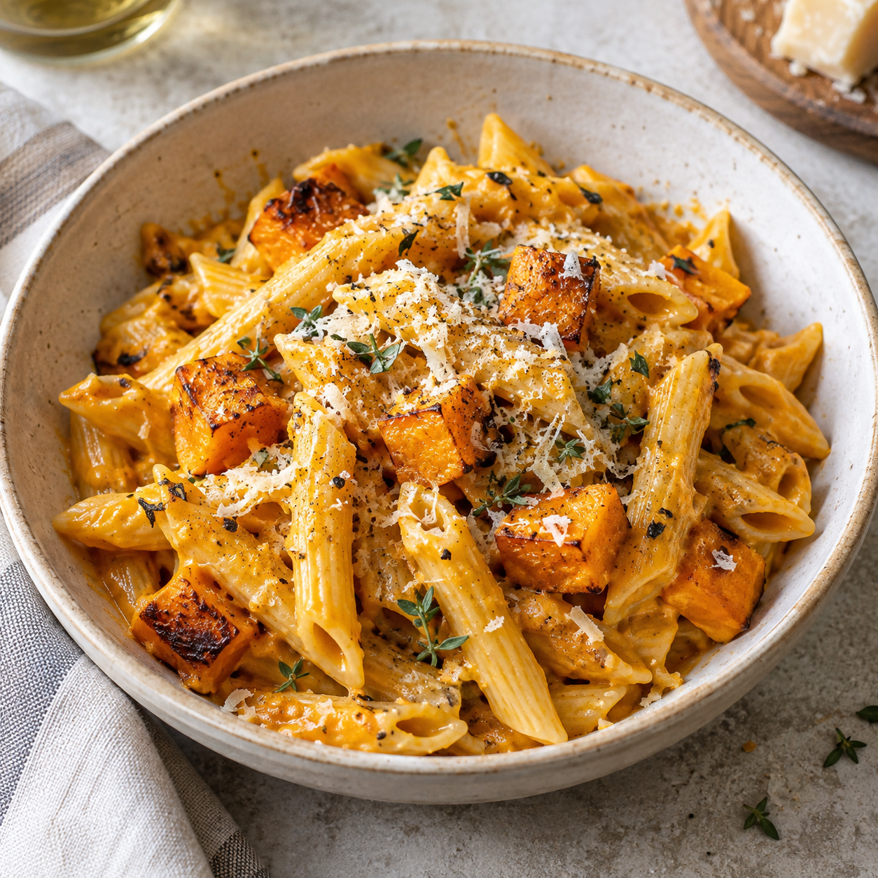 Pasta con salsa de calabaza asada, ajo y queso rallado