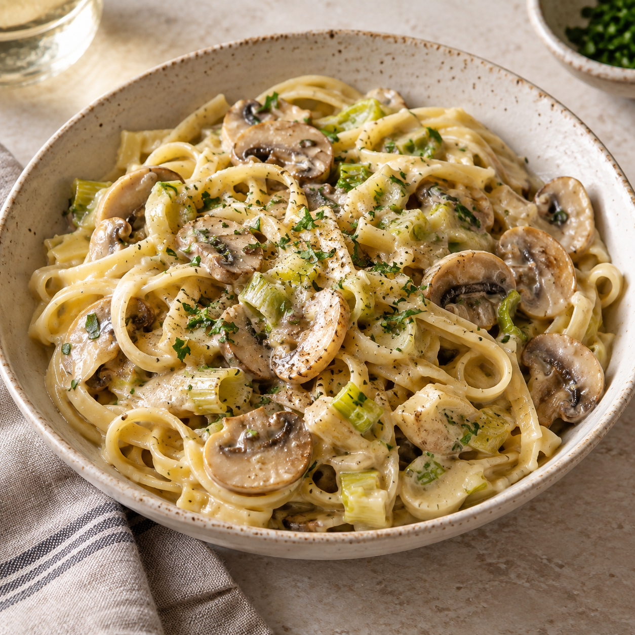 Pasta con salsa de champiñones y puerro