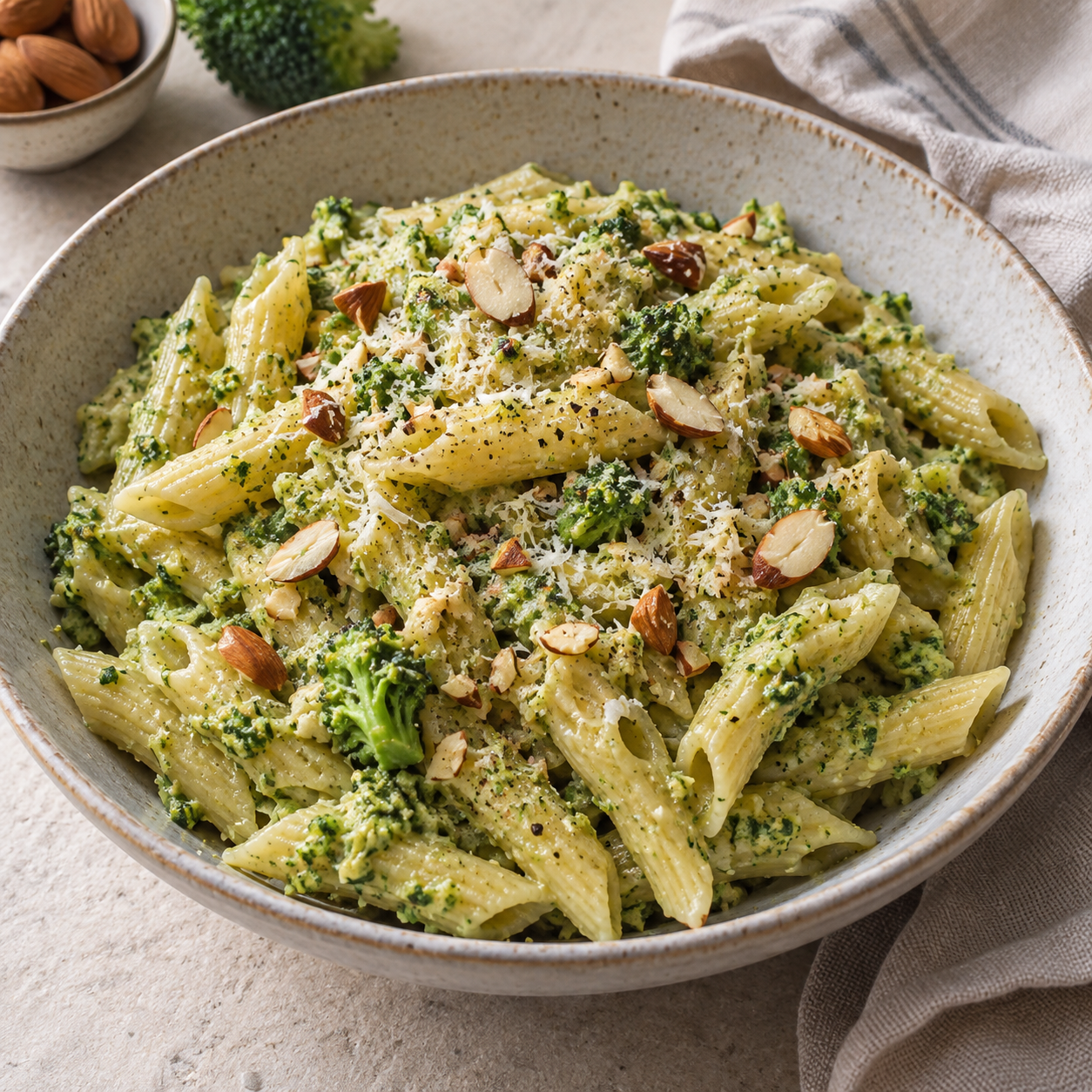 Pasta con pesto suave de brócoli y almendras