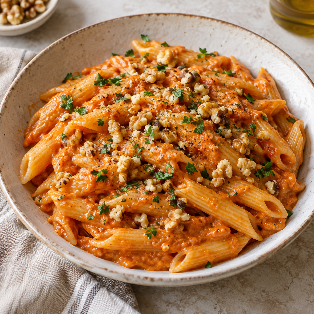 Pasta con salsa de pimiento asado y nueces