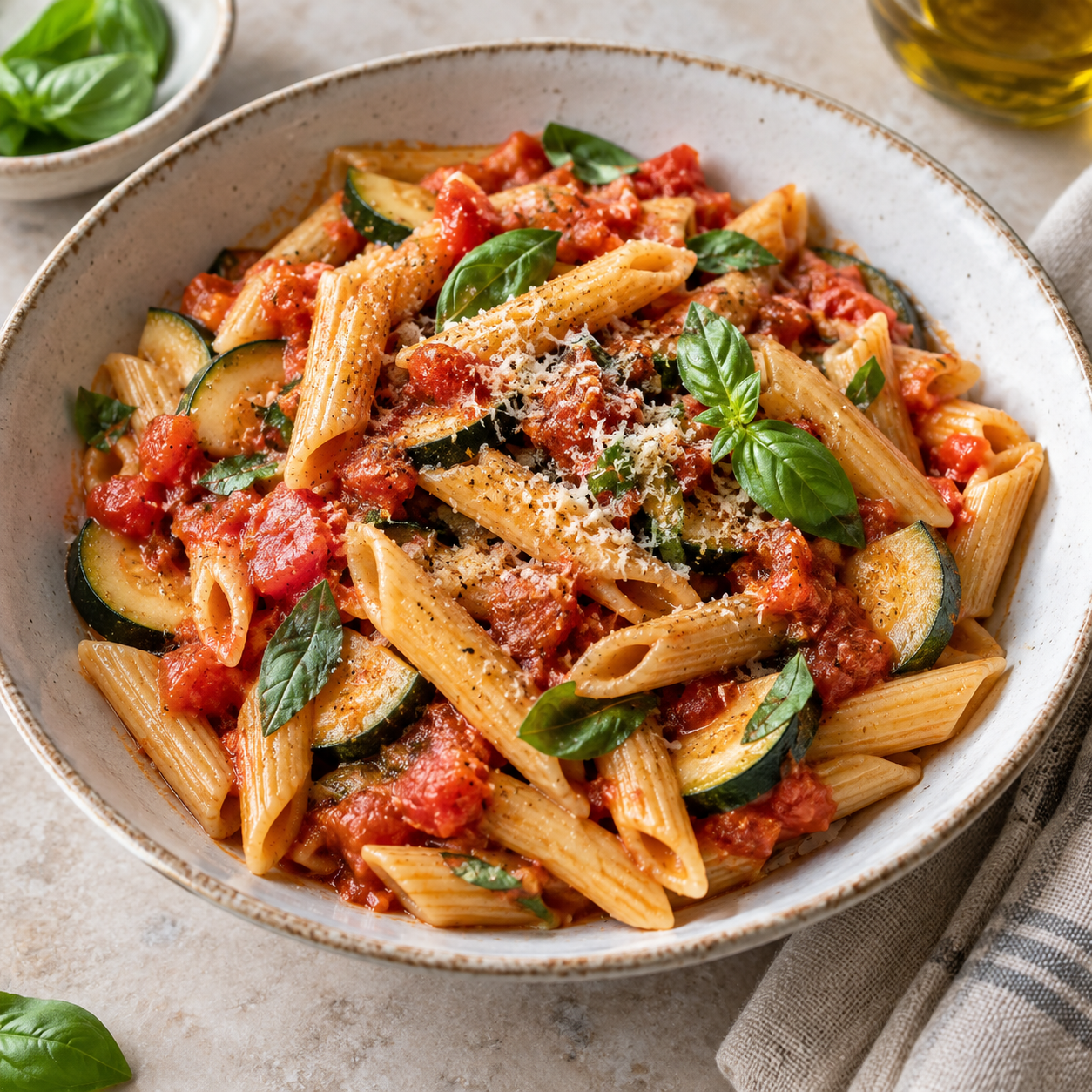 Pasta con tomate, calabacín y albahaca