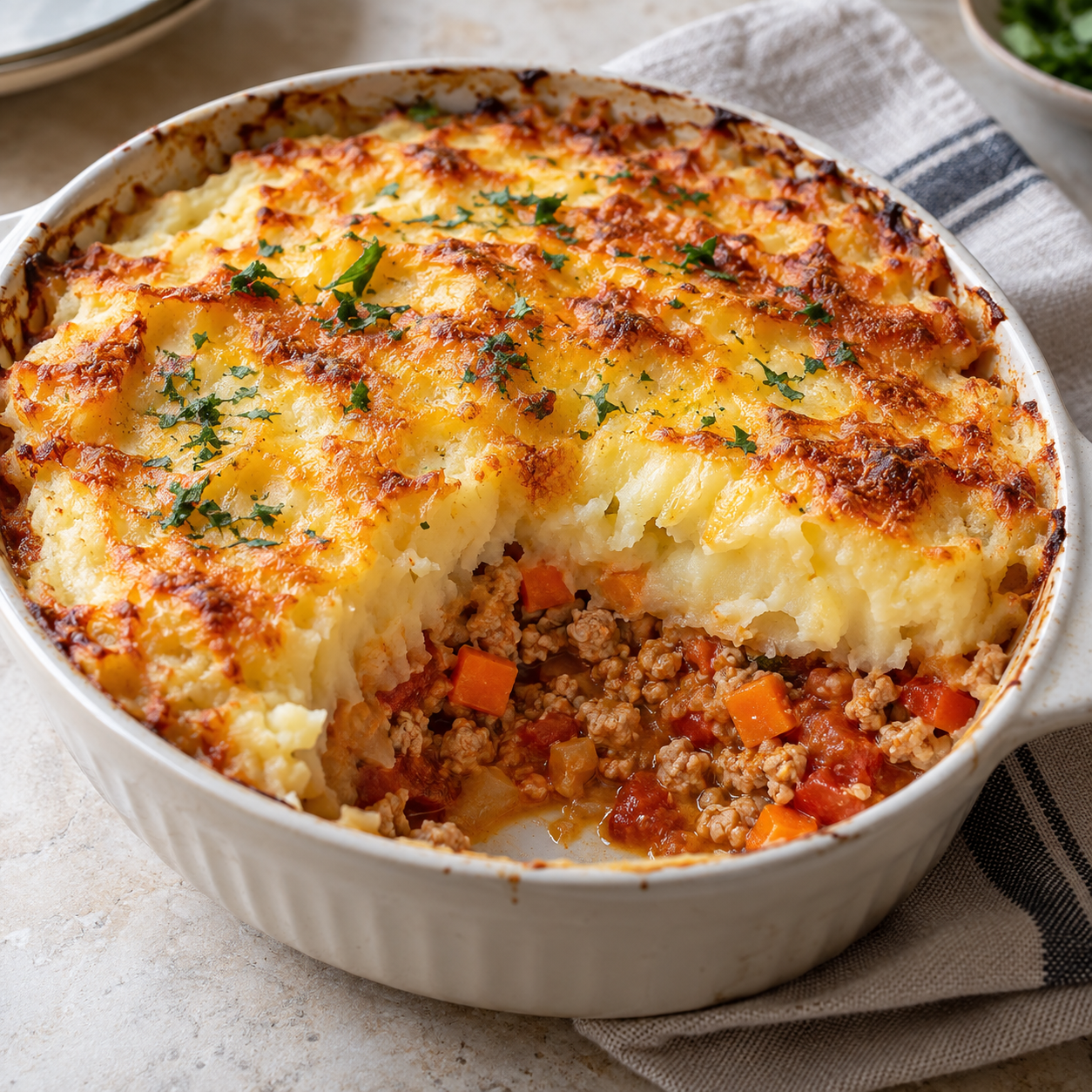 Pastel de patata y pavo picado con zanahoria y tomate gratinado