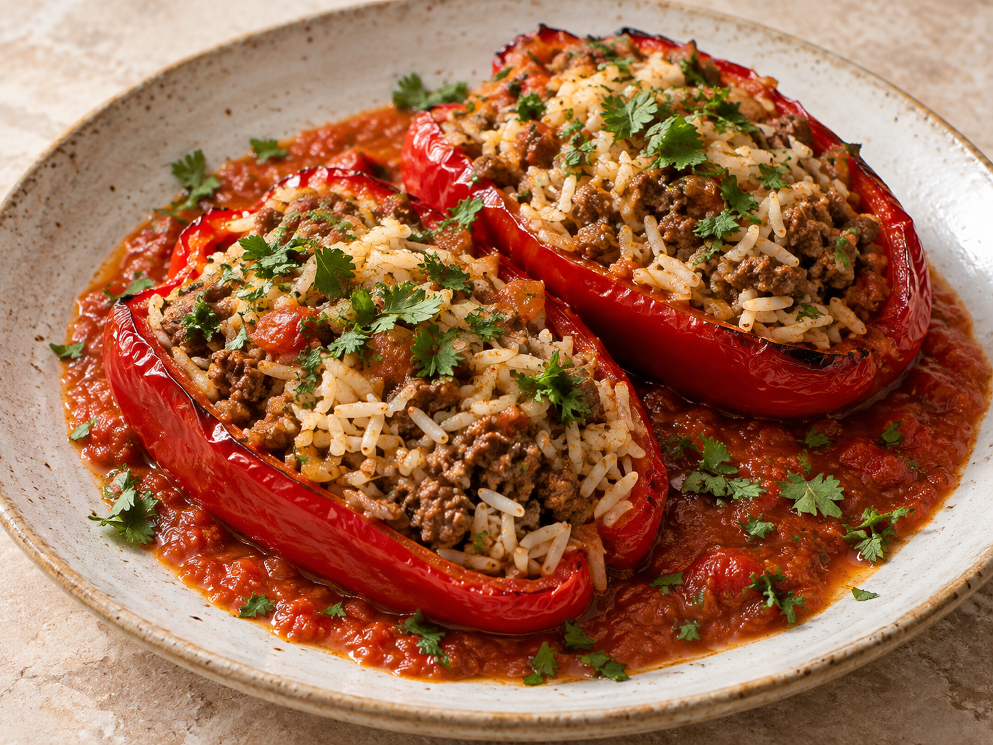 Pimientos rojos rellenos de ternera y basmati con salsa de tomate