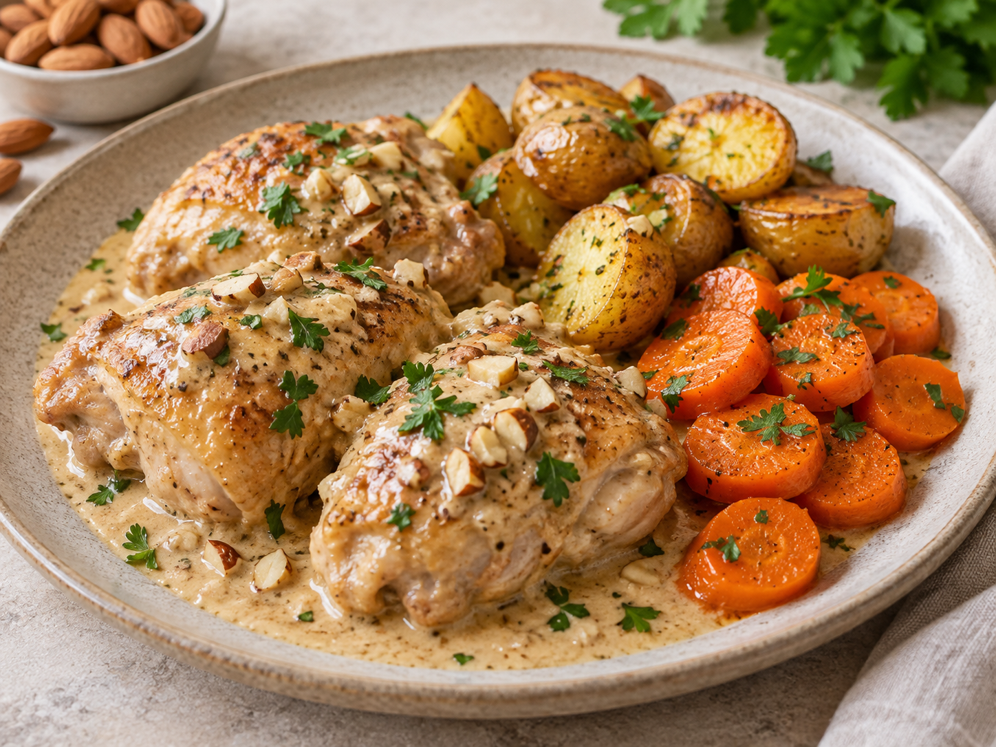 Pollo en salsa de almendras con patatas y zanahoria