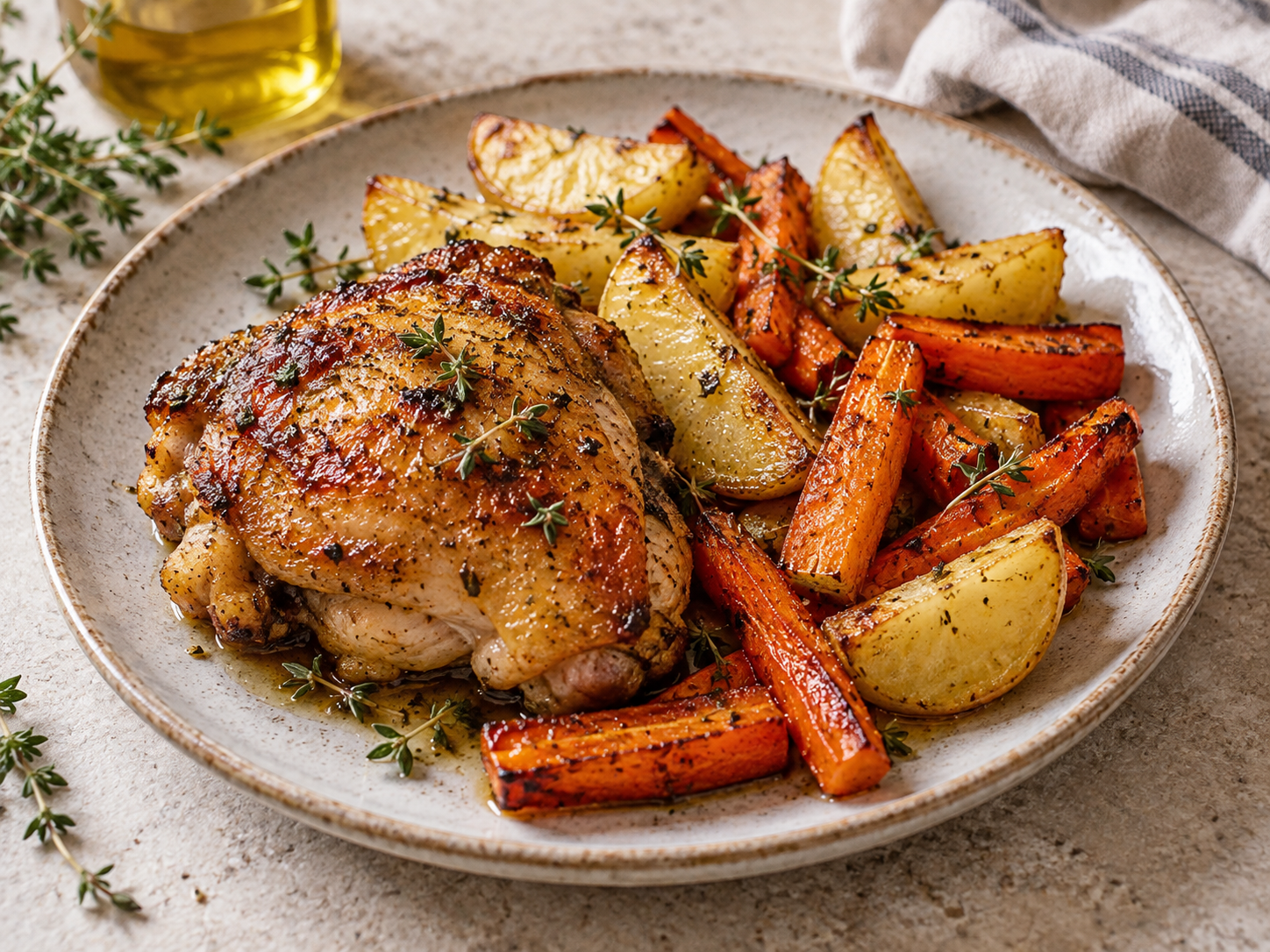 Pollo asado con patatas y zanahoria al horno