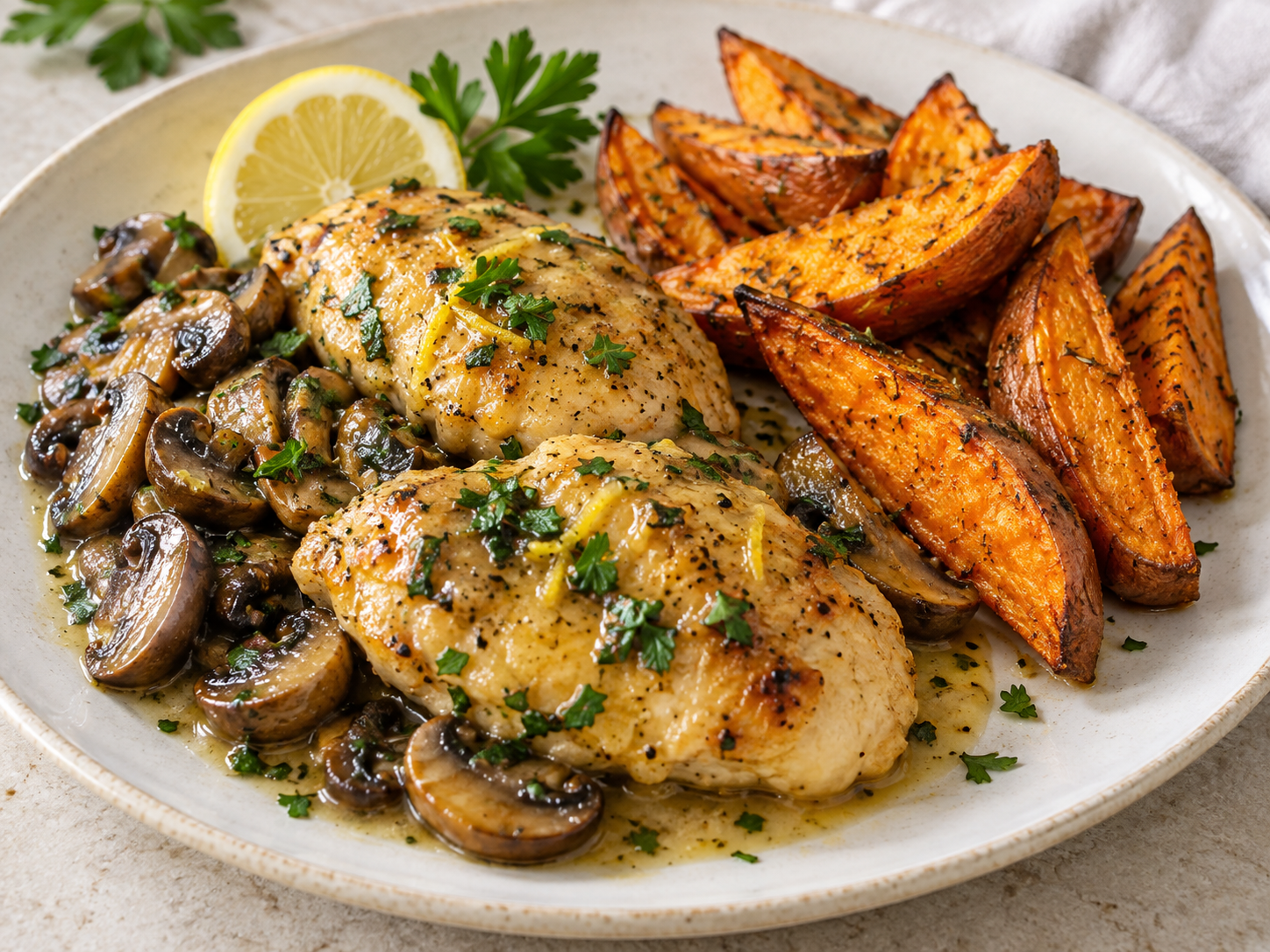 Pollo al limón con champiñones y boniato al horno