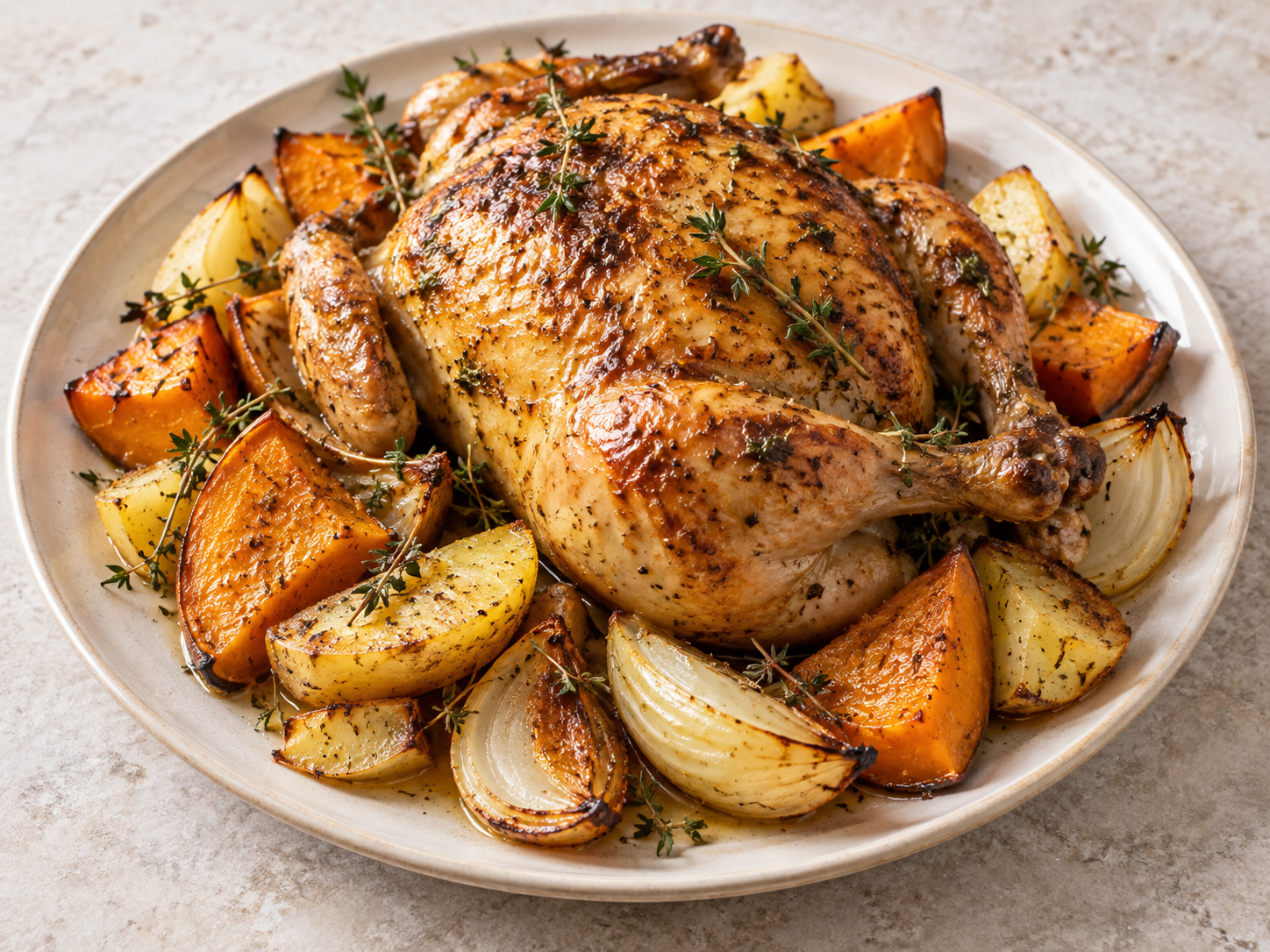 Pollo al horno con tomillo, calabaza y cebolla; patata asada