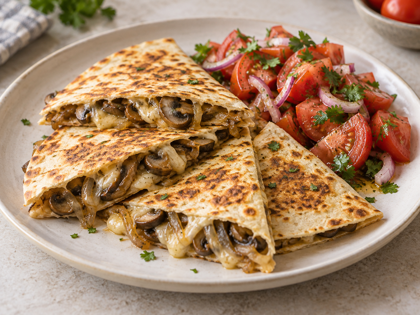 Quesadillas de champiñones, cebolla y queso con ensalada de tomate