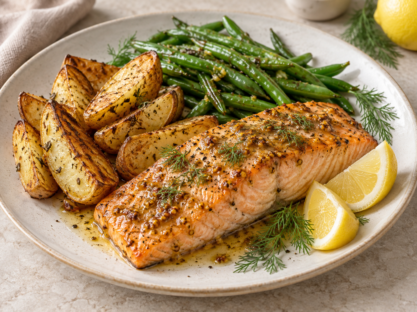 Salmón al horno con mostaza suave, judías verdes y patata