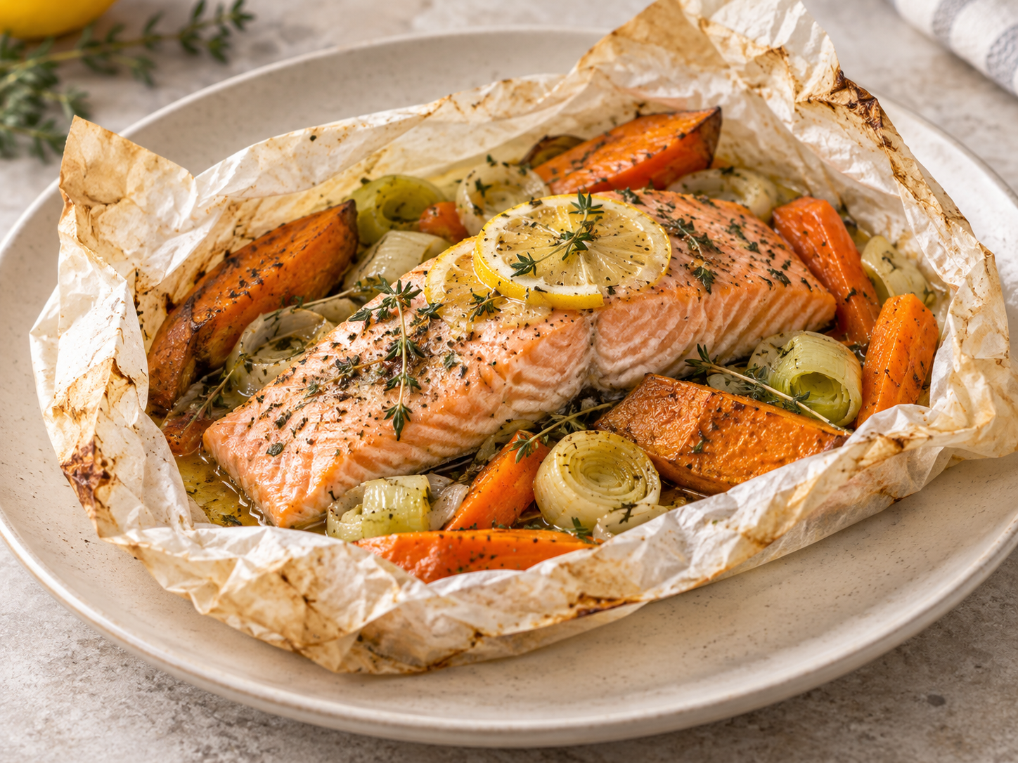 Salmón en papillote con puerro, zanahoria y boniato asado