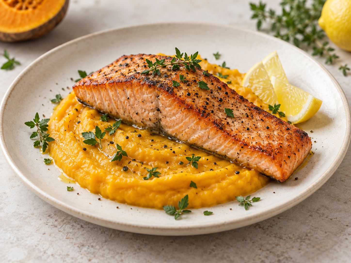 Salmón a la plancha con puré de calabaza y patata