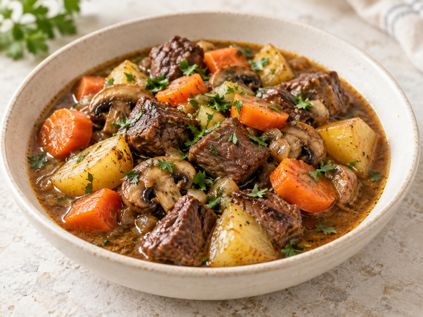 Ternera guisada con zanahoria, champiñones y patata
